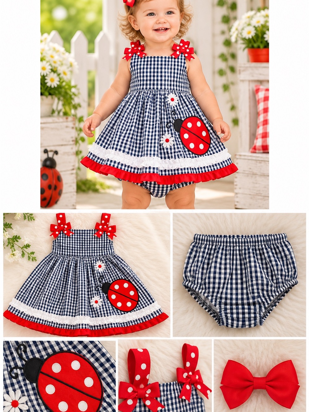 Emily Rose Baby Girl 12M Ladybug Gingham Dress Bloomers Red Bow 3PC NWT - Picture 3 of 12